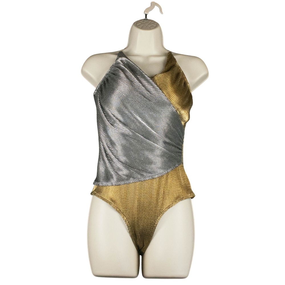 Womens S Metallic Gold Silver Colorblock Bodysuit Asymmetrical Y2K Lamé Wrap Top